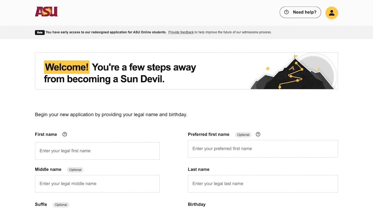 ASU admissions application desktop screen