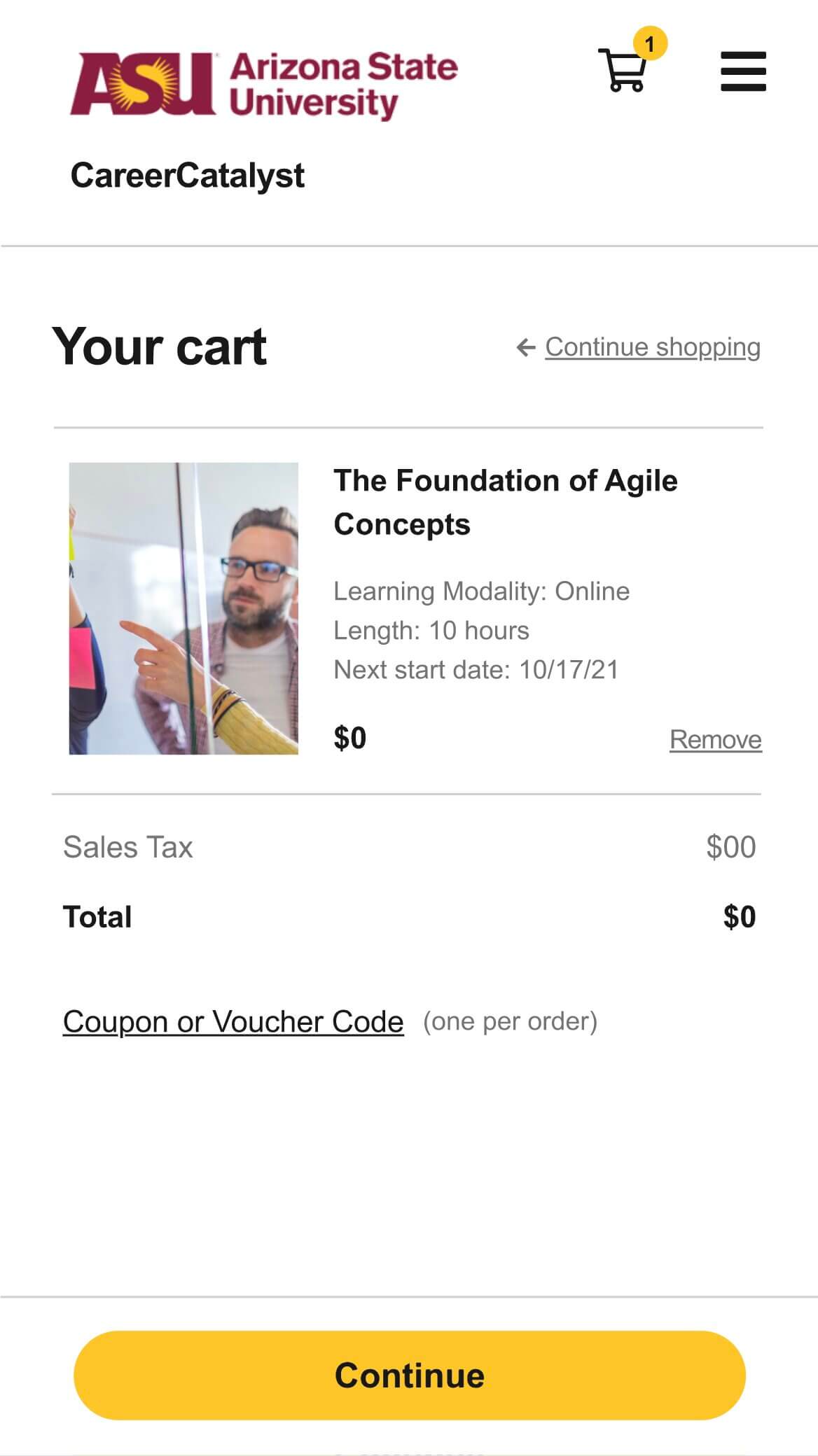 Custom shopping cart mobile screen