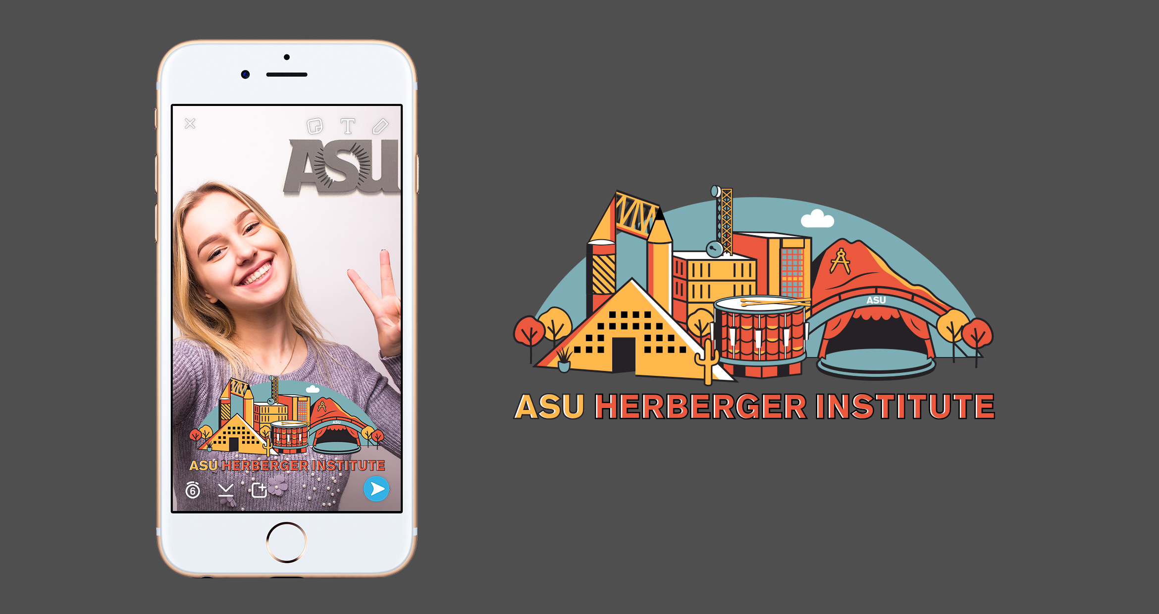 iPhone with Snapchat opened, young woman taking selfie with community geofilter applied