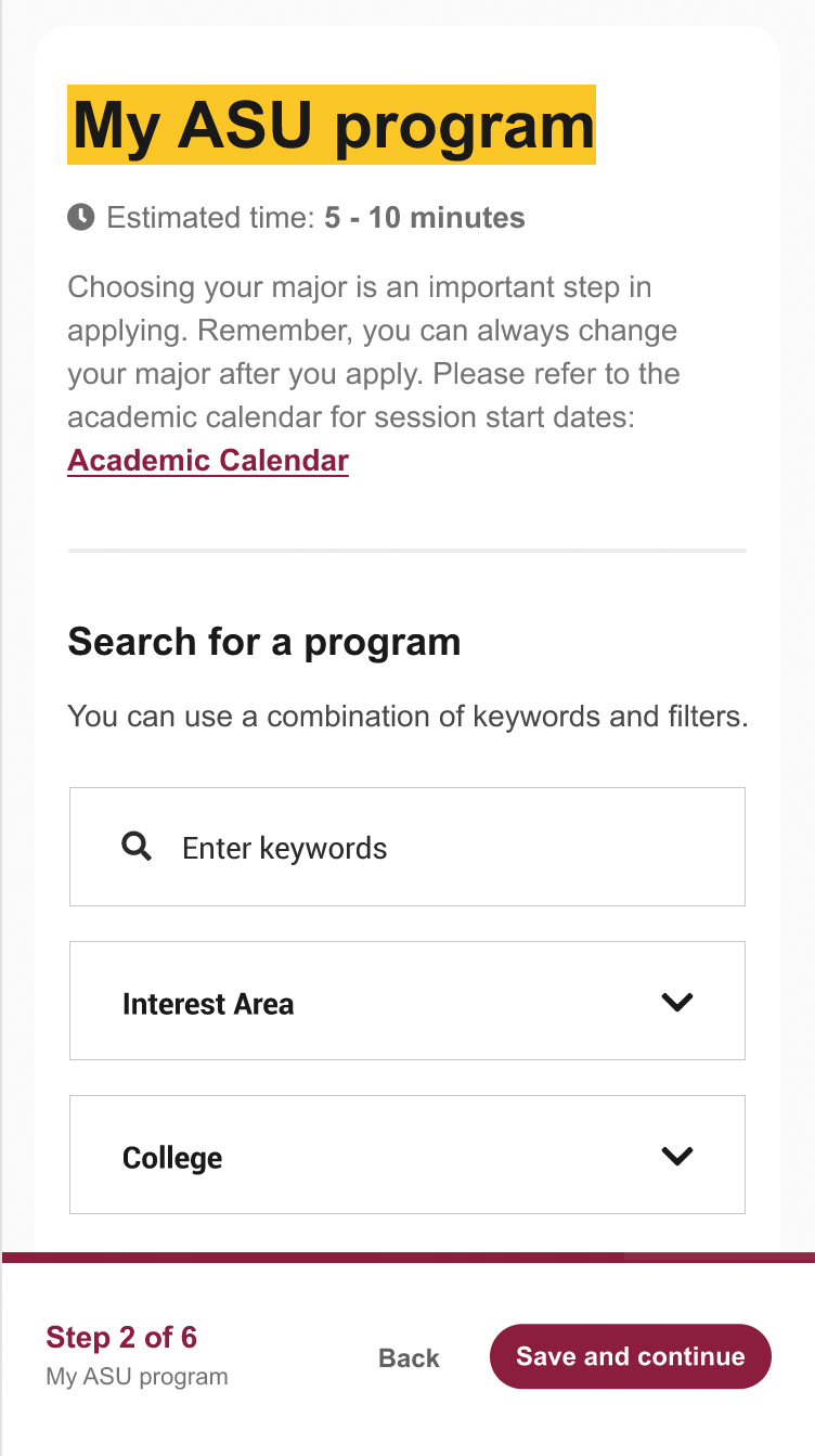 ASU undergraduate application mobile screen